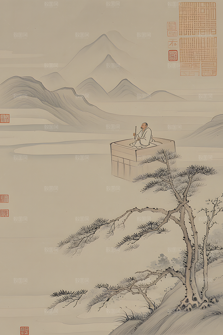 蕾丝中国传统的山水画淡白色背景浅灰
