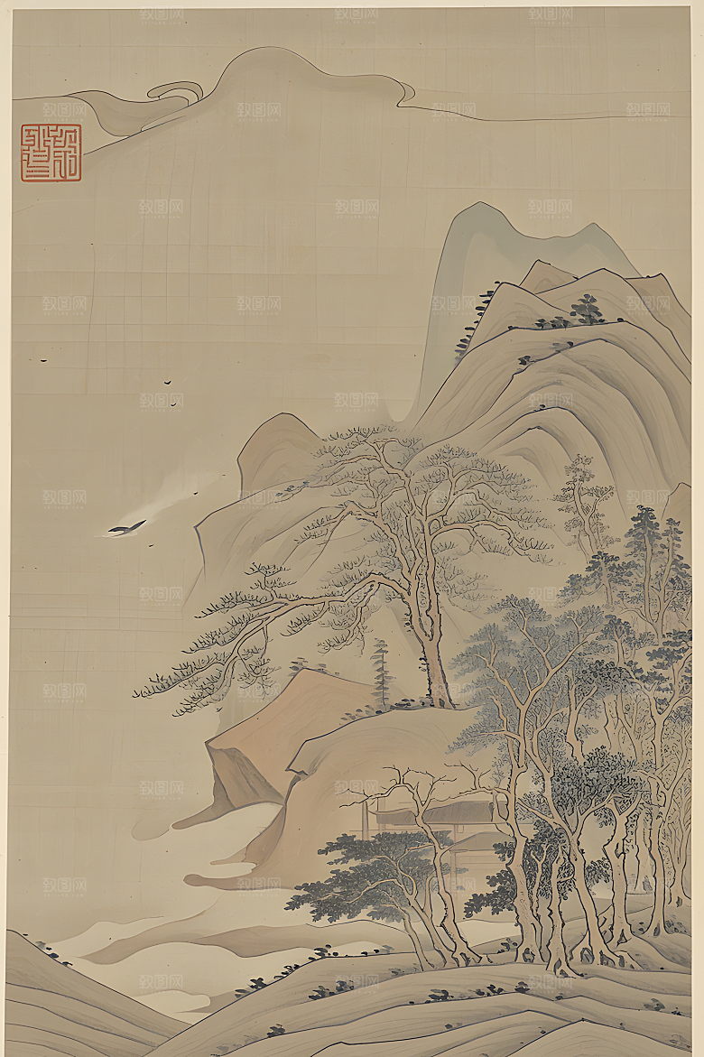 蕾丝中国传统的山水画淡白色背景浅灰