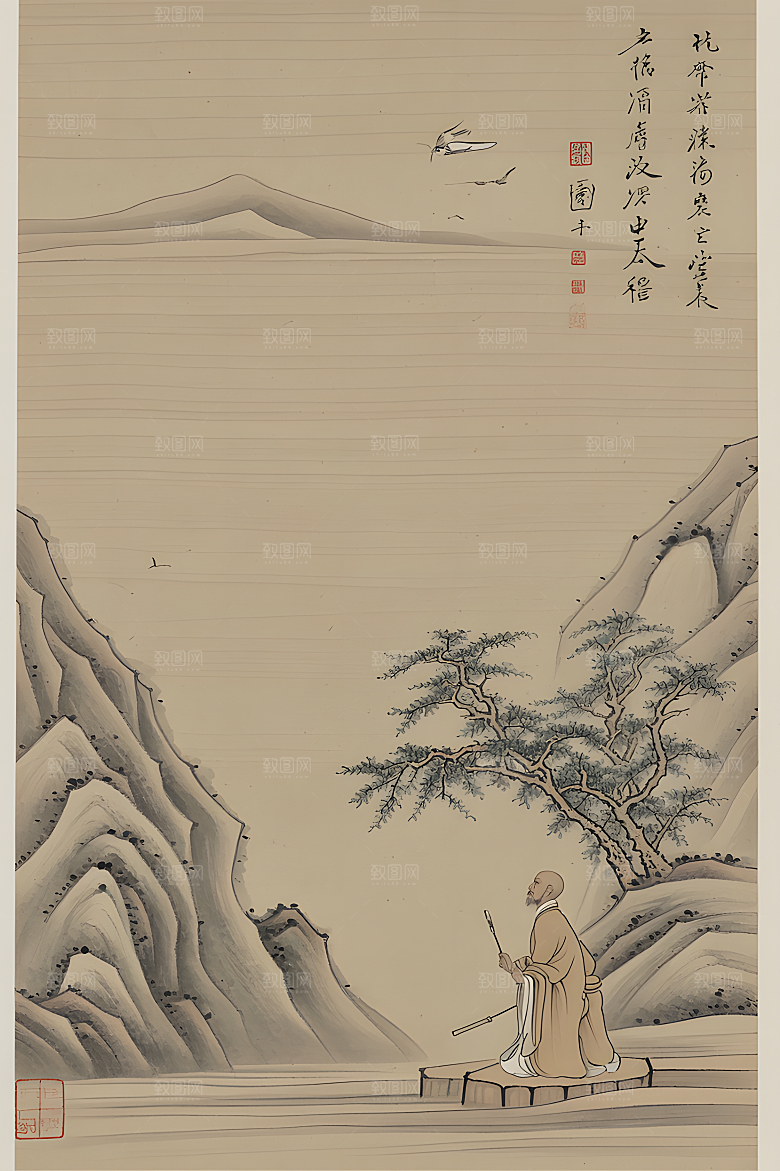 蕾丝中国传统的山水画淡白色背景浅灰