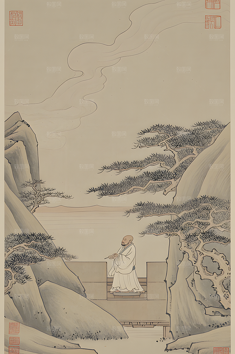 蕾丝中国传统的山水画淡白色背景浅灰