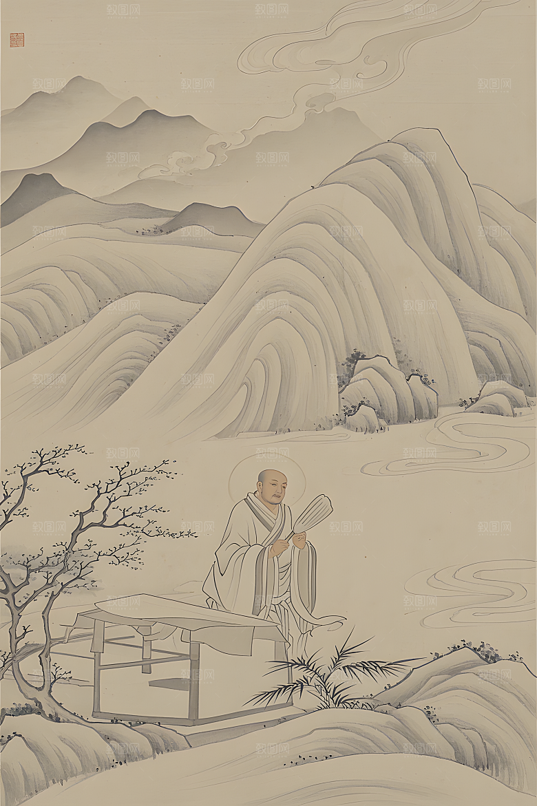 蕾丝中国传统的山水画淡白色背景浅灰