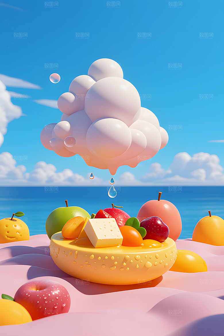 一个有大海的水果世界阳光明媚的海滩奶