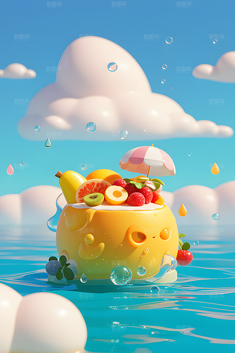 一个有大海的水果世界阳光明媚的海滩奶