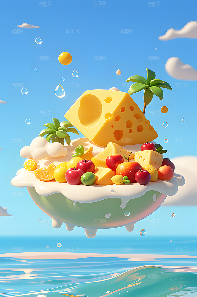 一个有大海的水果世界阳光明媚的海滩奶