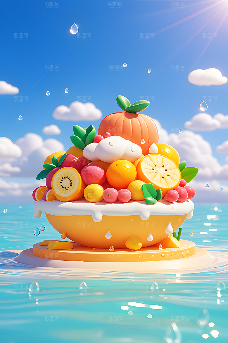 一个有大海的水果世界阳光明媚的海滩奶