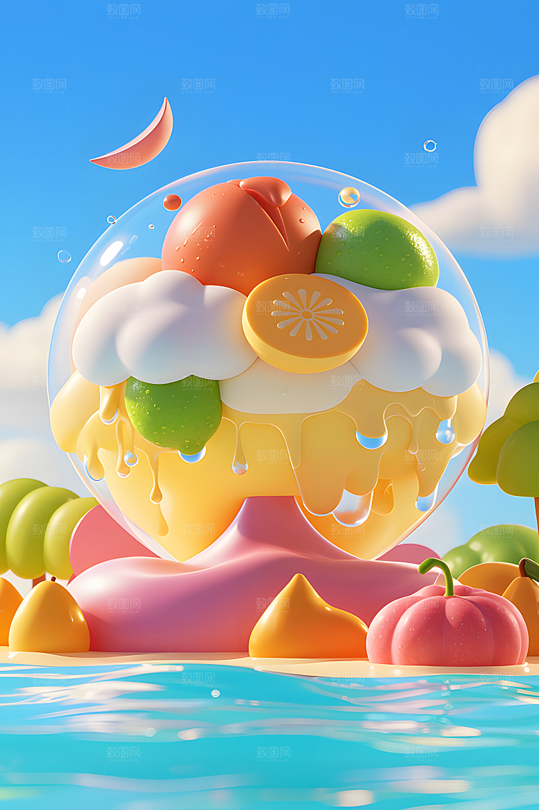 一个有大海的水果世界阳光明媚的海滩奶