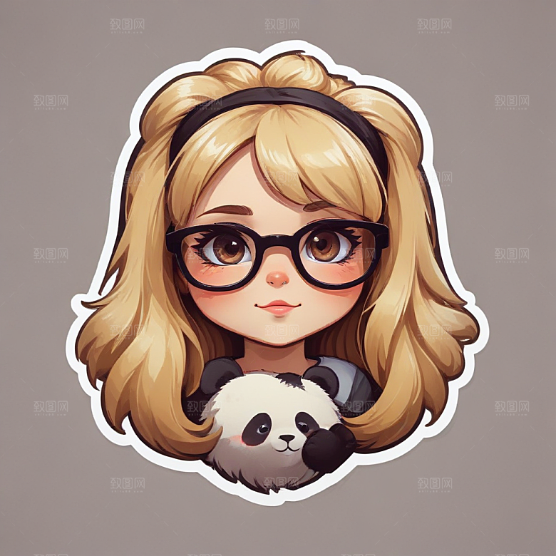 萌系插画金发少女熊猫元素图片