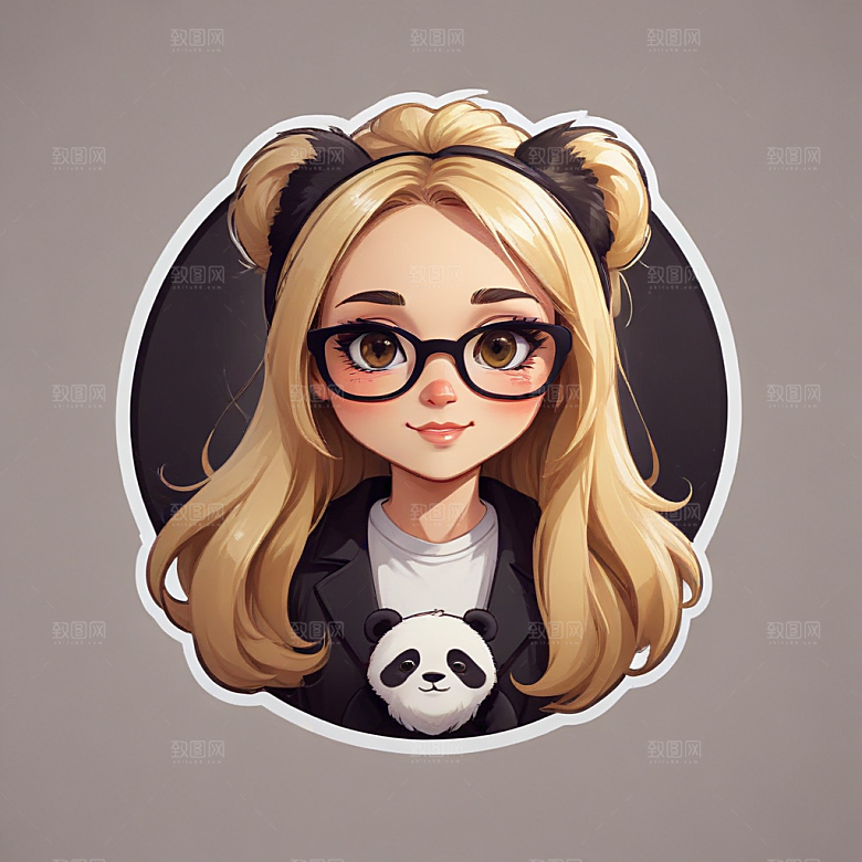 萌系插画金发少女熊猫元素图片