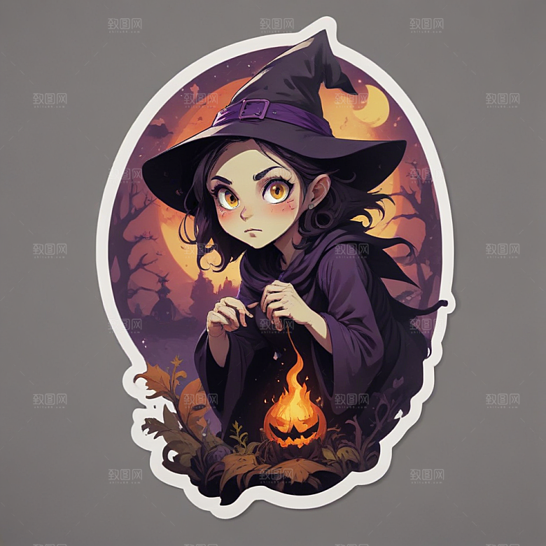 紫色调可爱女巫插画奇缘图片