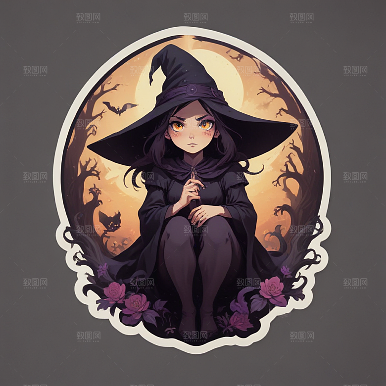 紫色调可爱女巫插画奇缘图片
