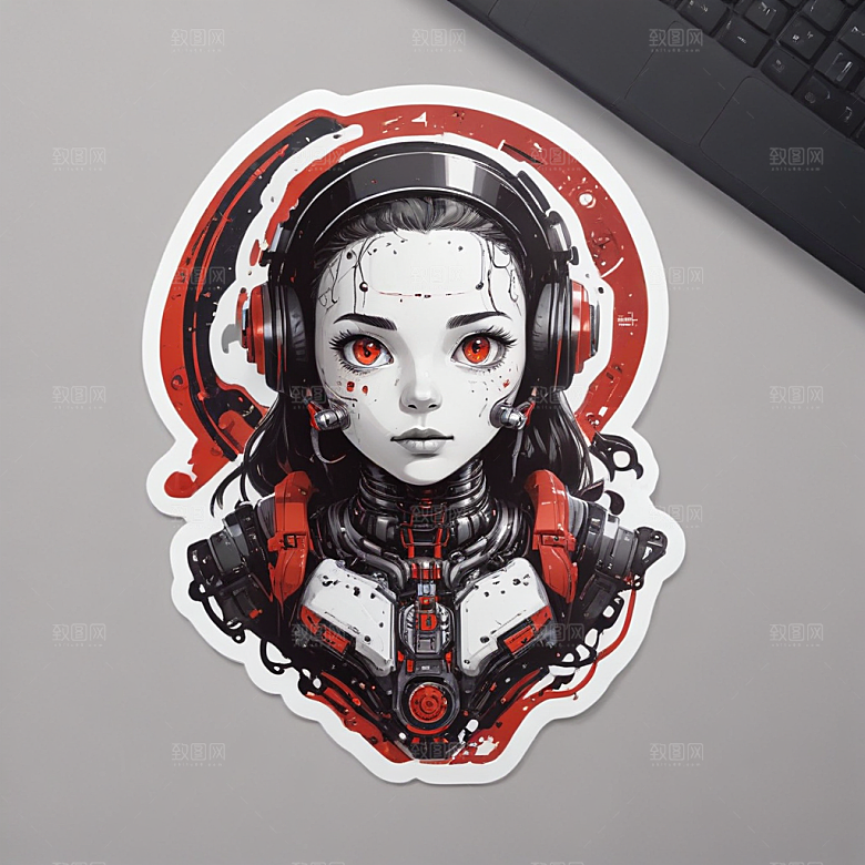科技感十足的机器人贴纸插画图片