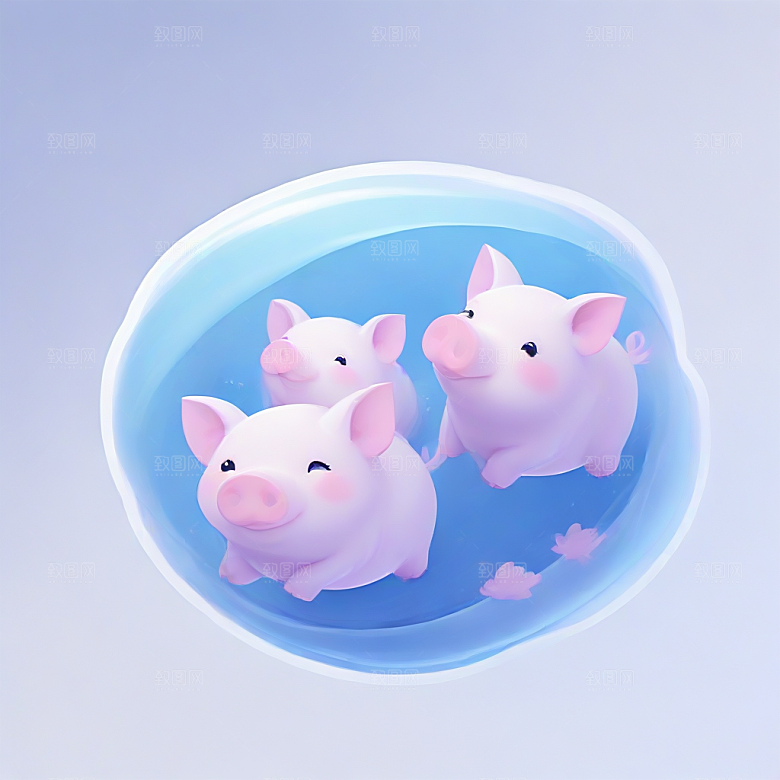 萌系插画 四只小猪在水里游泳图片