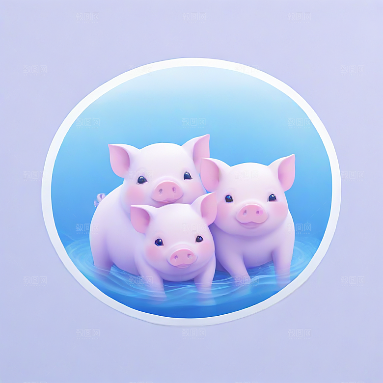 萌系插画 四只小猪在水里游泳图片