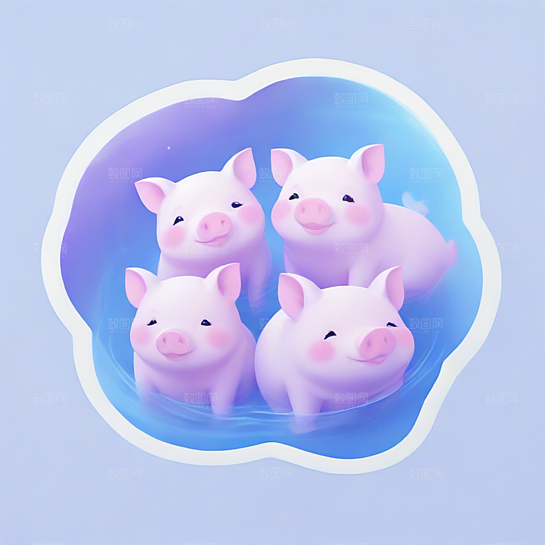 萌系插画 四只小猪在水里游泳图片