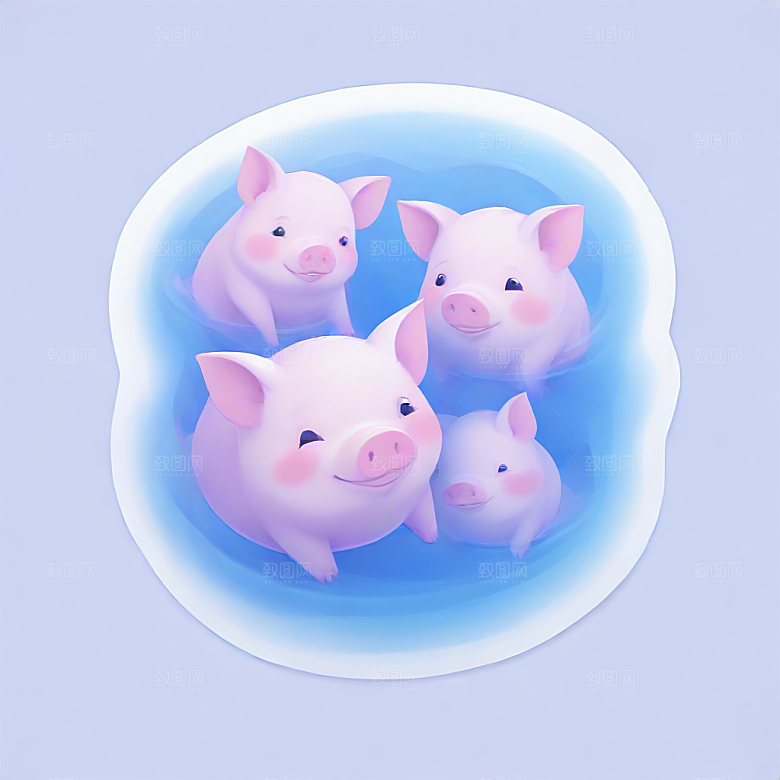 萌系插画 四只小猪在水里游泳图片