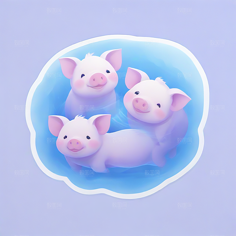 萌系插画 四只小猪在水里游泳图片