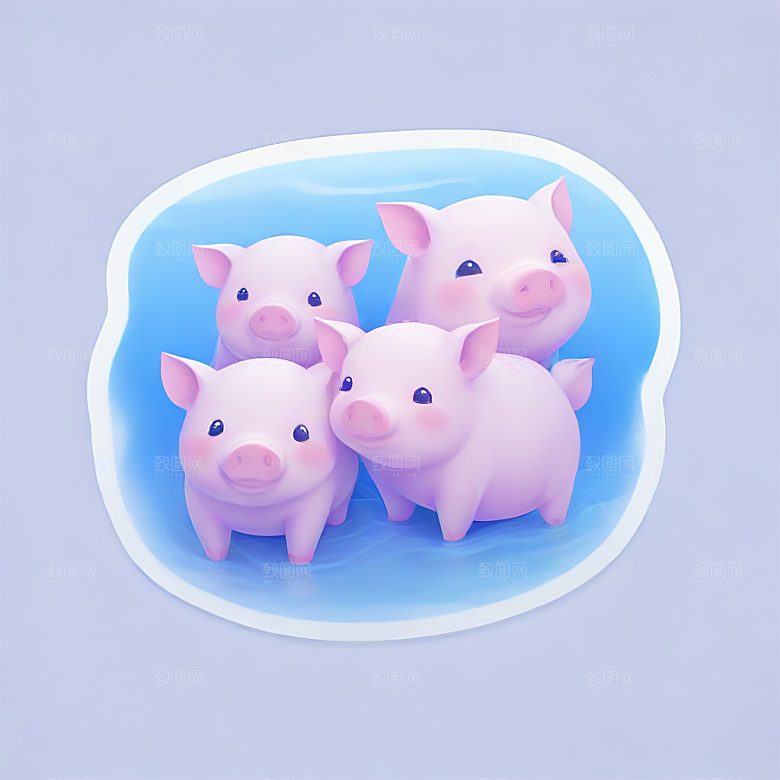 萌系插画 四只小猪在水里游泳图片