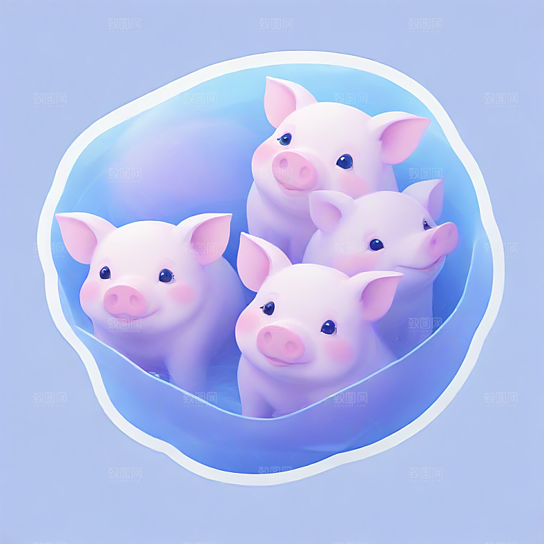 萌系插画 四只小猪在水里游泳图片