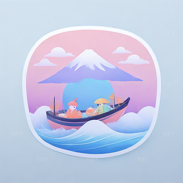 日式插画寿司船富士山风景图片