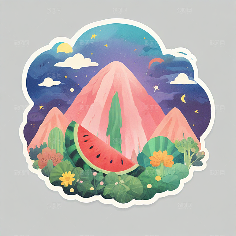 西瓜插画天空背景图片