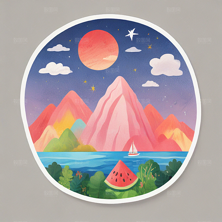 西瓜插画天空背景图片