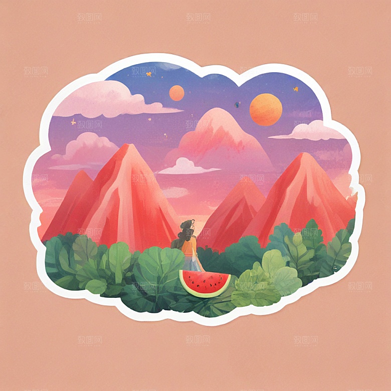 西瓜插画天空背景图片