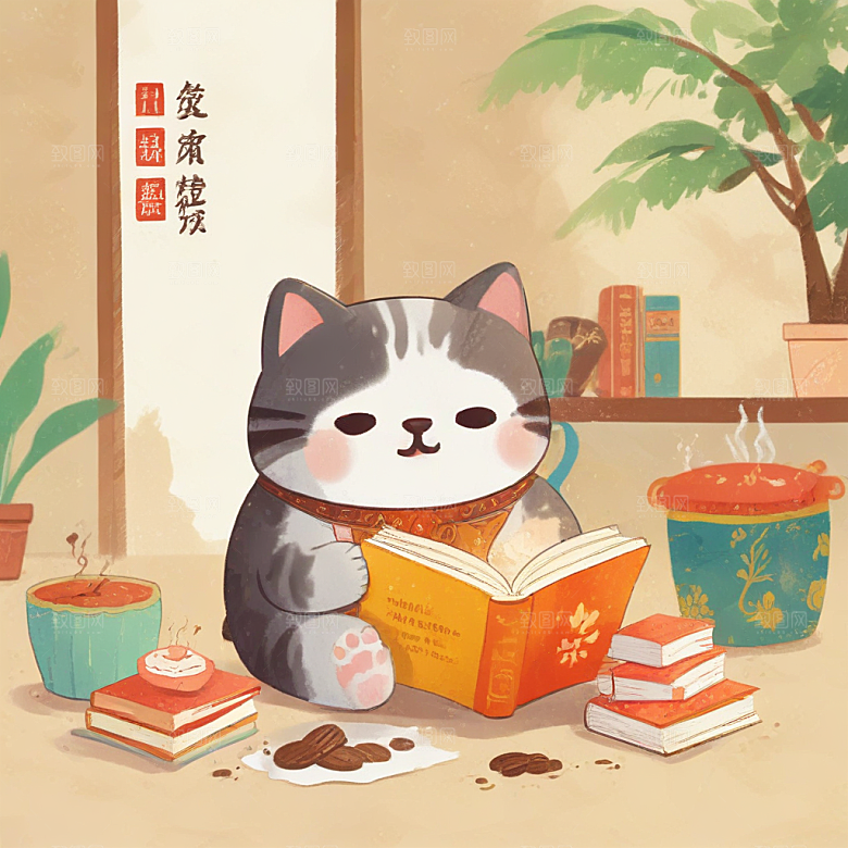 坐在地板上读书，旁边有咖啡的中国