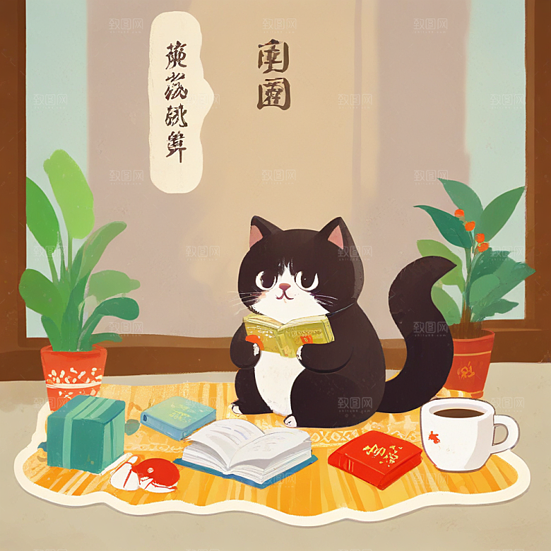 坐在地板上读书，旁边有咖啡的中国