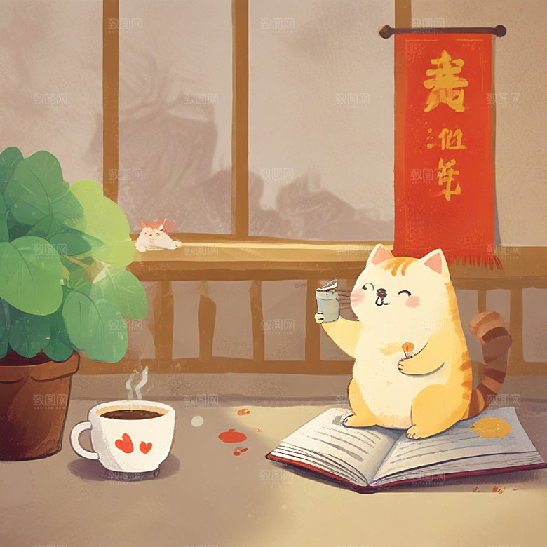 坐在地板上读书，旁边有咖啡的中国