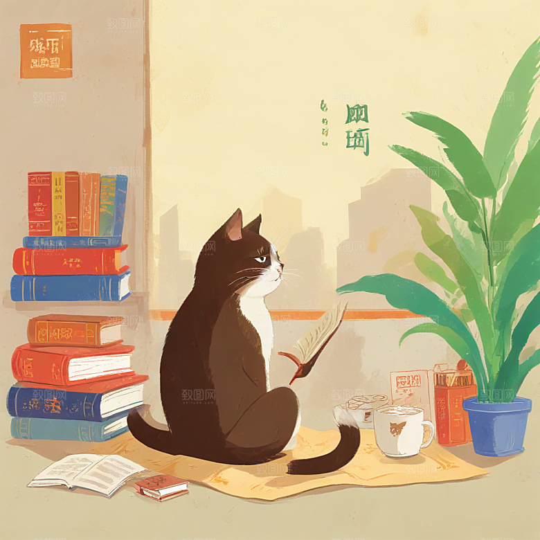 坐在地板上读书，旁边有咖啡的中国