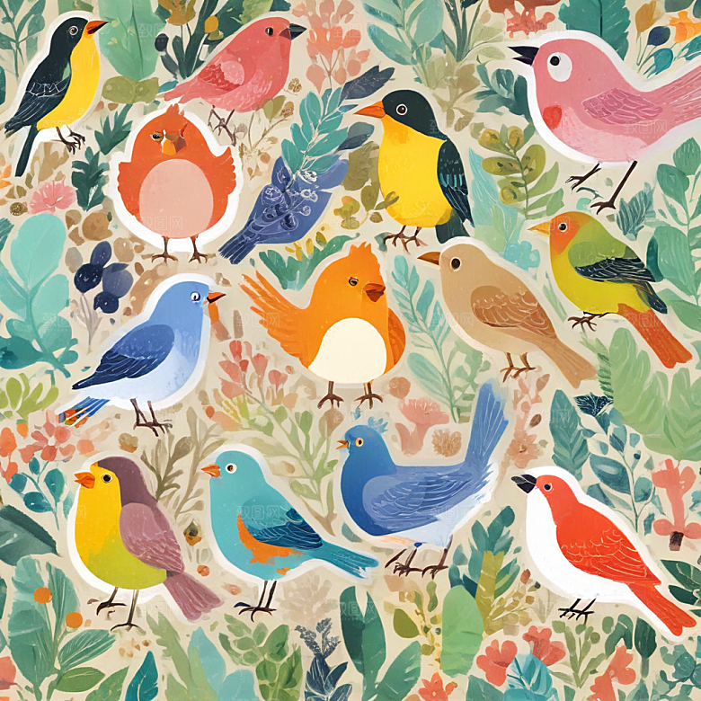 彩色小鸟插画图案设计图片