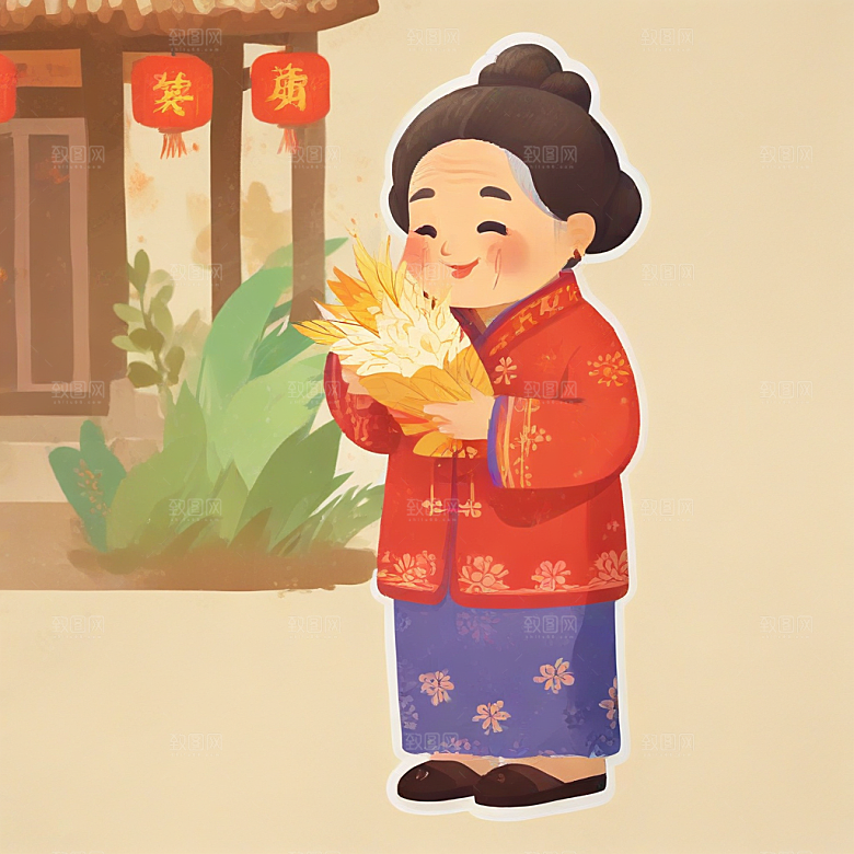 中国风老年妇女笑盈盈打招呼图片