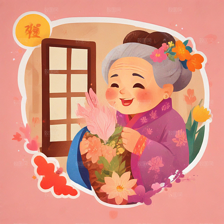 中国风老年妇女笑盈盈打招呼图片