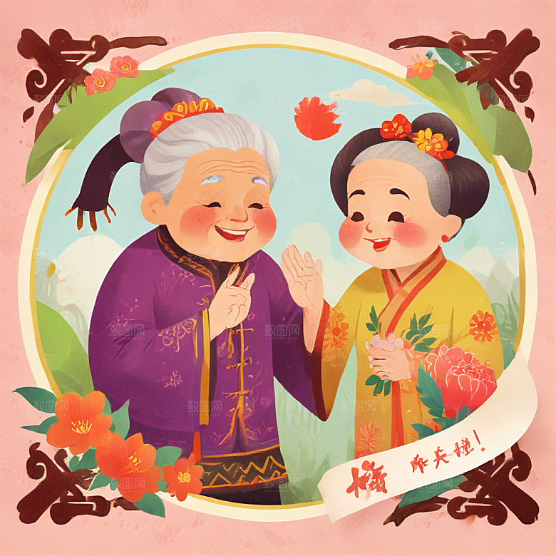 中国风老年妇女笑盈盈打招呼图片