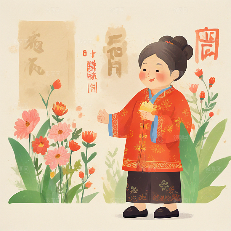 中国风老年妇女笑盈盈打招呼图片