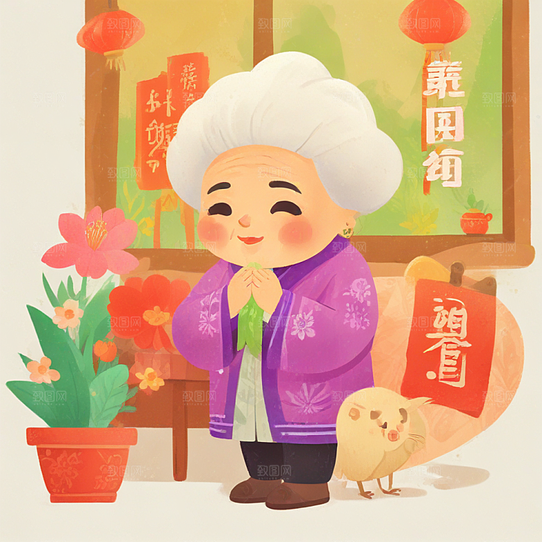 中国风老年妇女笑盈盈打招呼图片
