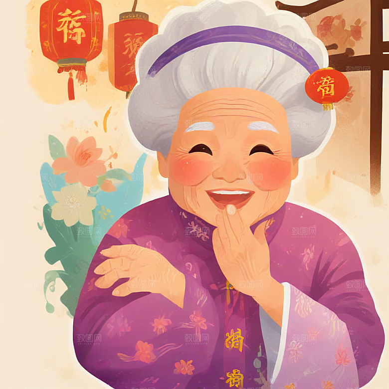 中国风老年妇女笑盈盈打招呼图片