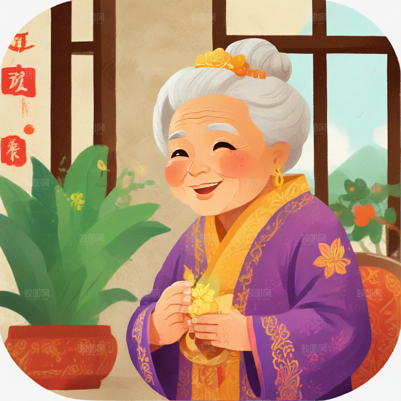 中国风老年妇女笑盈盈打招呼图片
