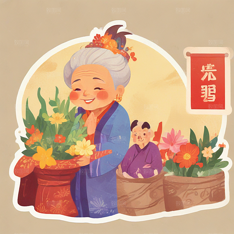 中国风老年妇女笑盈盈打招呼图片