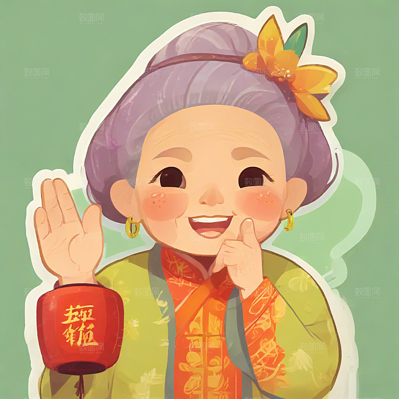 中国风老年妇女笑盈盈打招呼图片