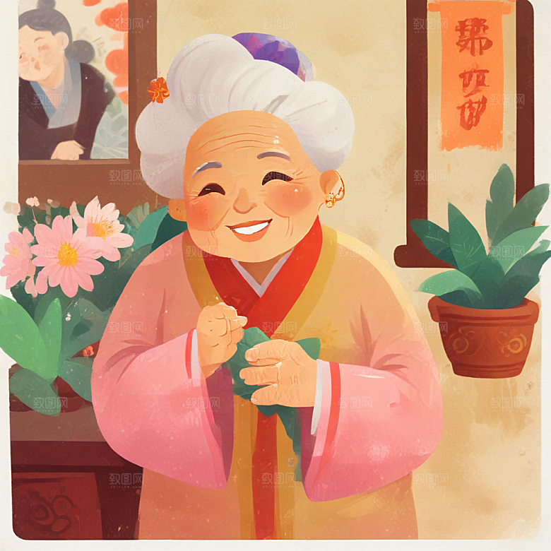 中国风老年妇女笑盈盈打招呼图片