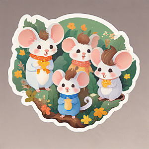 两只可爱老鼠捧橘猫花团锦簇贴纸图片