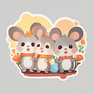 两只可爱老鼠捧橘猫花团锦簇贴纸图片