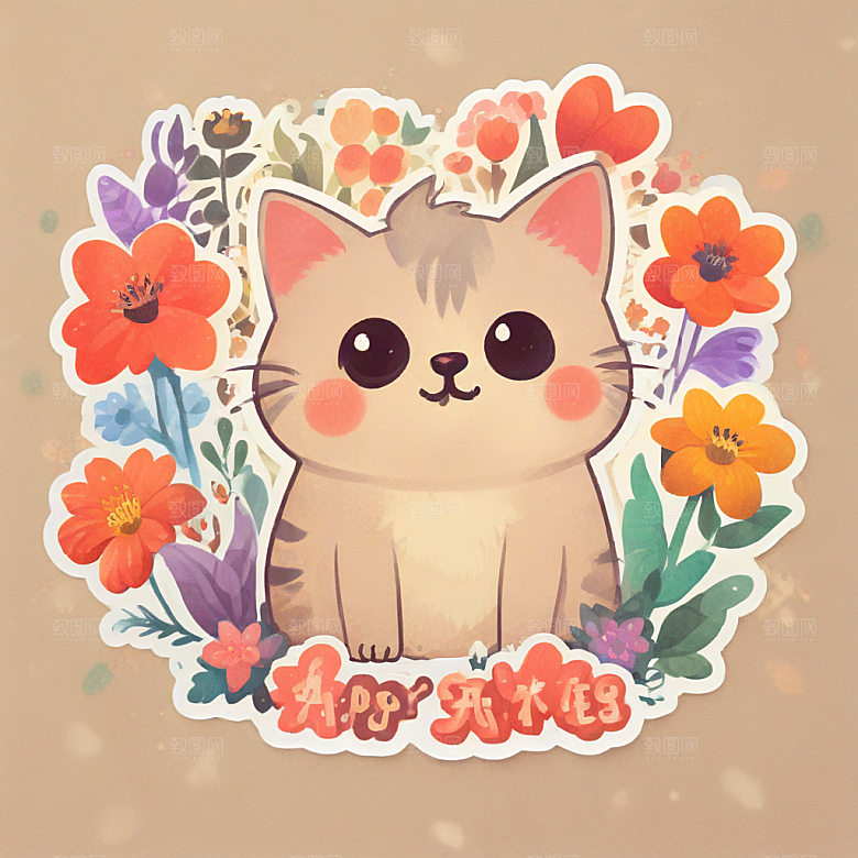 一只非常可爱的三花猫的贴纸