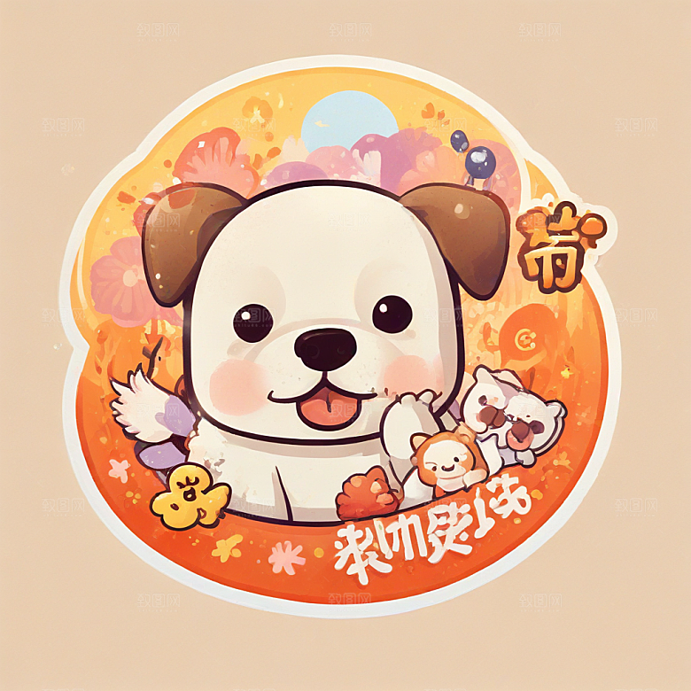 快乐金铃大白狗戴红花橘黄背景图片