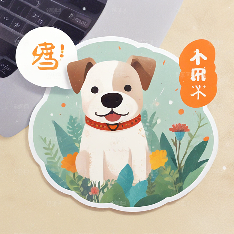 快乐金铃大白狗戴红花橘黄背景图片