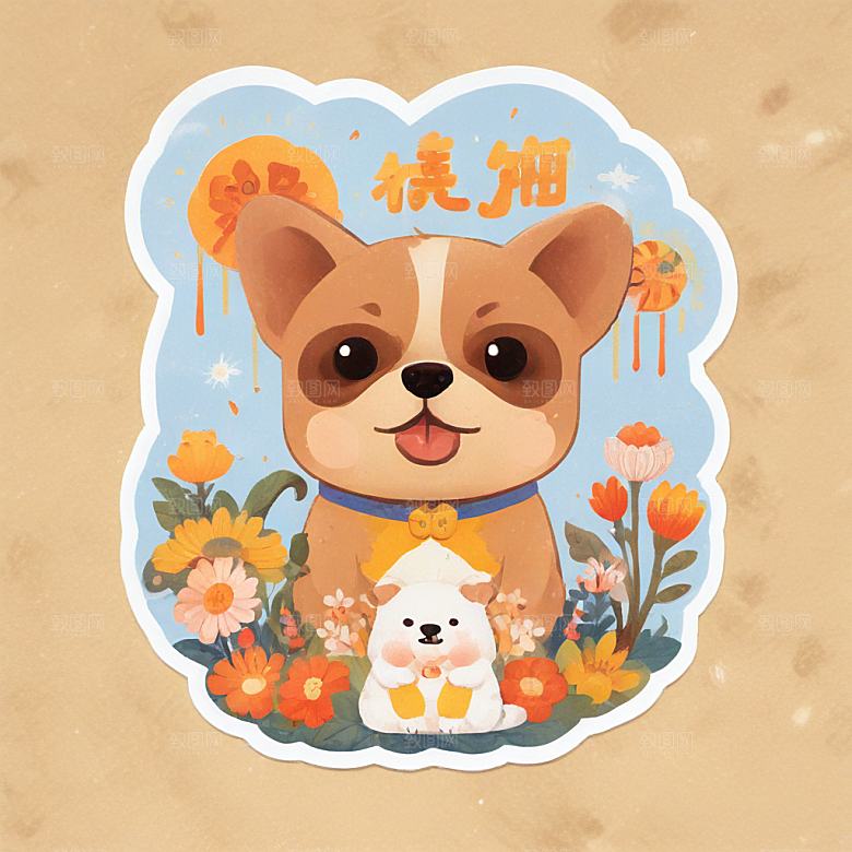 快乐金铃大白狗戴红花橘黄背景图片