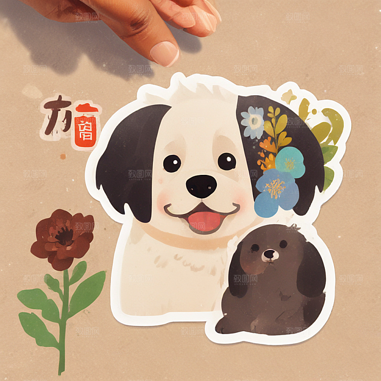 快乐金铃大白狗戴红花橘黄背景图片