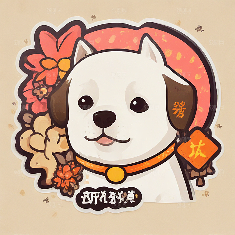 快乐金铃大白狗戴红花橘黄背景图片
