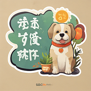 快乐金铃大白狗戴红花橘黄背景图片